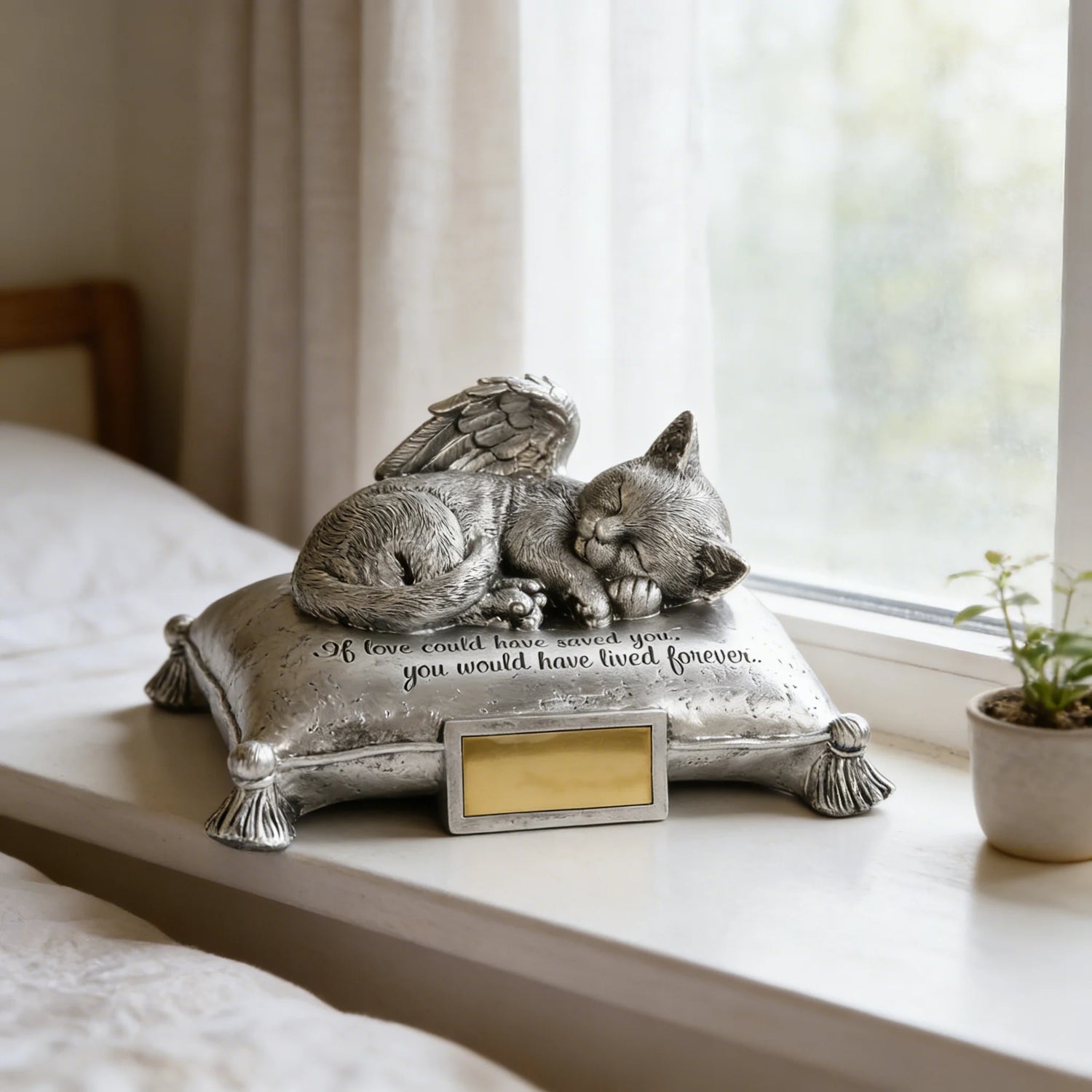 Customizable Resin Cat Ashes Urn (USA In-Stock Fast Shipping) - Angel Kitten on Pillow Design, Engravable Gold Plaque