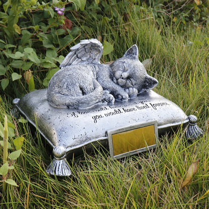 Customizable Resin Cat Ashes Urn (USA In-Stock Fast Shipping) - Angel Kitten on Pillow Design, Engravable Gold Plaque